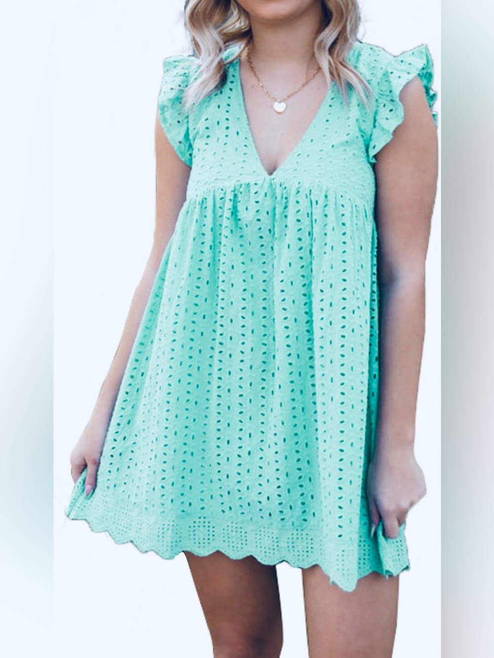 Mint Green Eyelet Lace Shorts Romper with Pockets